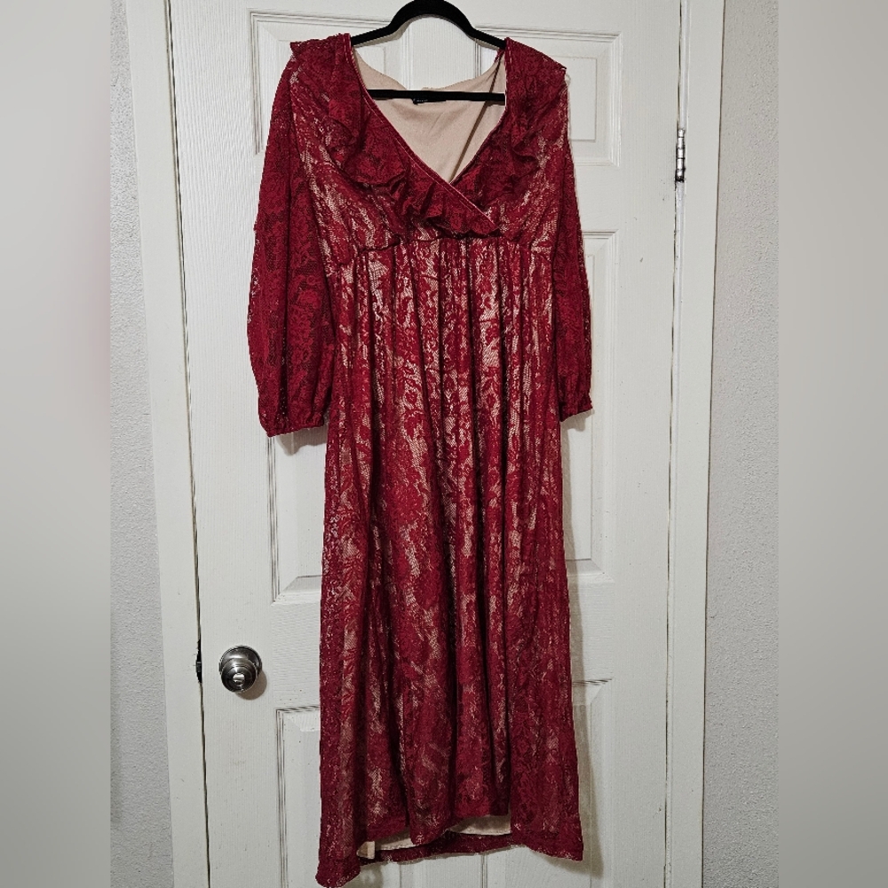 Lantern Sleeve Ruffle Trim Overlap Collar Lace Dress